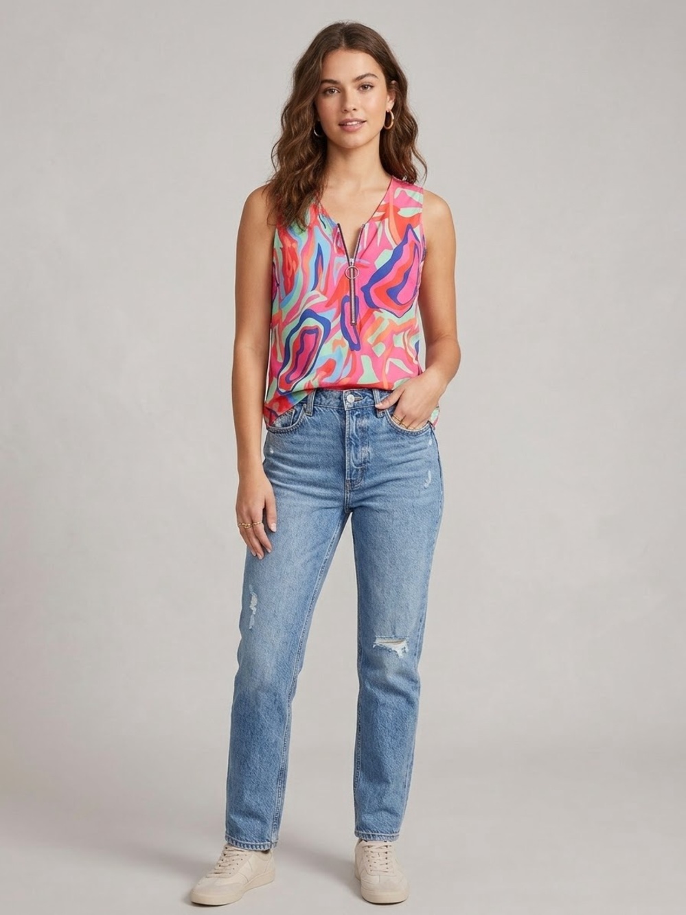 SHEIN Neon Pink Multicolor V-Neck Zip Tank